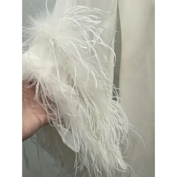 NWT Alice + Olivia Women's White Silk Izola Feather Detail Mini Dress Sz 2 FLAW Mini